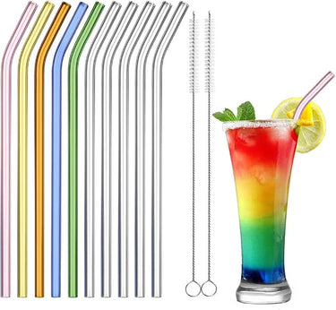ecooe 10 Pajitas Cristal Reutilizables 0,8 * 21,5 cm Pajitas de Vidrio Curvo con 2 Cepillos de Limpieza Respetuoso con el Medio Ambiente Apto para Lavavajillas para Batidos Jugo de Cóctel